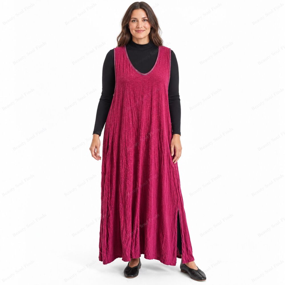 Natural Life Burgundy 100% Cotton Boho Lagenlook Maxi Dress Pockets Size L/XL